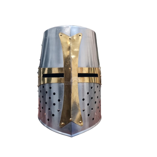 Auténtico casco de caballero templario medieval - Armadura cruzada Coleccionable y recreación Traje cosplays Pieza Casco facial, Regalo de Halloween