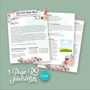 Floral Relief Society Newsletter, 3 page pdf Editable Canva Template