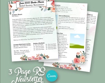 Floral Relief Society Newsletter, 3 page pdf Editable Canva Template