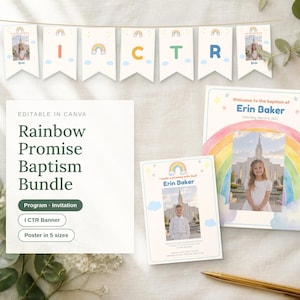May include: A baptism bundle featuring a banner with the letters I CTR, a large invitation, a smaller program, and a bookmark. Each item displays a watercolor rainbow, clouds, stars, and a photograph of a child. The text includes Erin Baker.