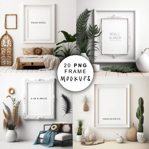 May include: A set of 20 white picture frames in various sizes and styles, displayed in different interior settings with plants and decorative objects. The frames are ready for your photos or artwork.
