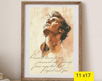 May include: A digital illustration of a man looking upwards with a quote about a prophet and seer. The quote reads "Praise to the man who communed with Jehovah! Jesus appointed that Prophet and Seer."