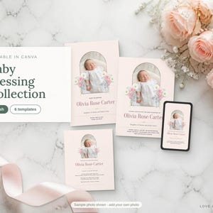 Paquete de bendición para niña / Invitación, programa, letrero, certificado y agradecimiento editables para la bendición de bebé SUD / Plantilla Canva color rubor