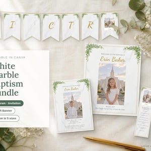 May include: A white marble baptism bundle featuring a banner with the letters I C T R, a large invitation, a smaller program, and a bookmark. Each item displays gold text, green foliage accents, and photo placeholders for a child's portrait.