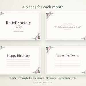 May include: Four rectangular cards with floral corners featuring the text Relief Society May, Charity never faileth, Her children arise up, and call her blessed, Happy Birthday, and Upcoming Events with lines for writing dates and names.