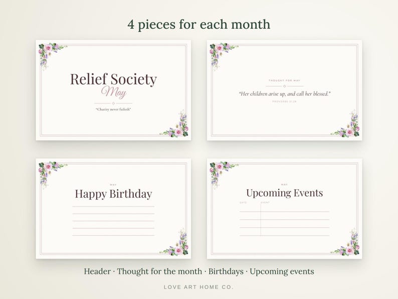 May include: Four rectangular cards with floral corners featuring the text Relief Society May, Charity never faileth, Her children arise up, and call her blessed, Happy Birthday, and Upcoming Events with lines for writing dates and names.