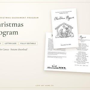 Redigerbart program för LDS-julssakrament | Svartvitt julkort, dubbelvikt (Canva-mall)