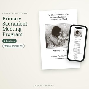 LDS Primary Program Template | Primary Sacrament Meeting Presentation | Print + Phone | Jesus Holding a Baby Charcoal Art | Editable Canva