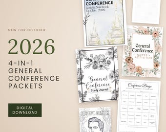 Peut inclure: Un ensemble de téléchargement numérique 4-en-1 de paquets pour la Conférence Générale d'octobre 2026, comprenant un carnet d'activités, un journal d'étude avec des fleurs, une page de notes, une carte de bingo et un portrait de Joseph Smith.