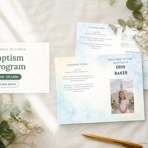 Girl Baptism Program Template | Editable Canva Bi-fold Program, Printable | LDS Baptism | Soft Watercolor