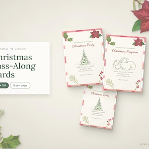May include: Three rectangular Christmas pass-along cards with red and white checkered borders. The cards feature illustrations of a Christmas tree, a lamb, and poinsettias, with text including Christmas Party and Christmas Program.