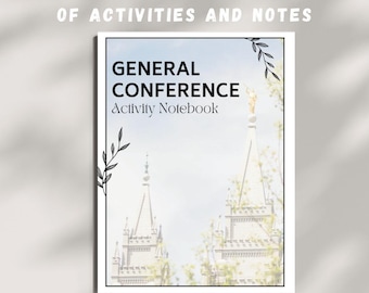 Peut inclure: Un cahier avec le texte "GENERAL CONFERENCE Activity Notebook" sur la couverture. La couverture comprend également le texte "52 PAGES OF ACTIVITIES AND NOTES" et "+ FRONT AND BACK COVER". L'arrière-plan présente une image floue d'un bâtiment.