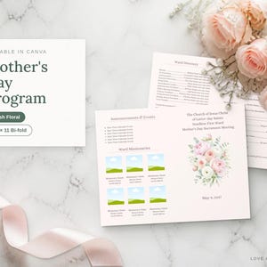 Könnte beinhalten: Eine gefaltete Muttertags-Programmvorlage mit hellrosa Hintergrund, einem Aquarell-Blumenstrauß und Abschnitten für Ankündigungen, Veranstaltungen und Missionare. Der Text enthält 'Mother's Day Sacrament Meeting' und 'May 9, 2021'.