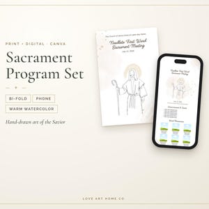 Pode incluir: Um conjunto de programa de sacramento com um documento de papel dobrado e uma tela de smartphone. Ambos exibem uma ilustração em linhas do Salvador com um fundo de aquarela quente e o texto Needlete First Ward Sacrament Meeting.
