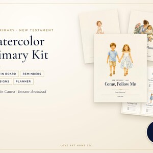 2027 Primary Kit Bundle Watercolor | LDS Primary New Testament | Bulletin Board, Reminder Cards, Class Signs, Planner | Editable Canva