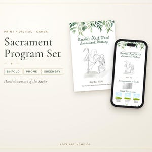 Op de afbeelding: Een sacramentprogrammaset met een gevouwen kaart en een smartphone-display. Beide tonen illustraties van groen, een lijntekening van de Heiland en de tekst Needlete First Ward Sacrament Meeting, 12 juli 2026.