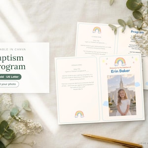 May include: A bi-fold baptism program template featuring a rainbow graphic, text fields for ceremony details, and a placeholder photo of a child in front of a church. The text includes 'Baptism Program', 'Welcome to the baptism of Erin Baker'.