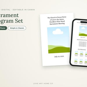 May include: A digital and printable sacrament programme set featuring a white paper document and a smartphone display. Both show text reading The Church of Jesus Christ of Latter-day Saints, Needlete First Ward Sacrament Meeting, and July 12, 2023.