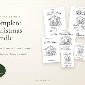 Pode incluir: Um pacote digital de seis modelos de Natal com desenhos de linha em preto e branco de uma cena de natividade. O texto inclui LDS Christmas Bundle, Complete Christmas Bundle, Program, Invites, Sign, Party e Editable in Canva - Instant download.