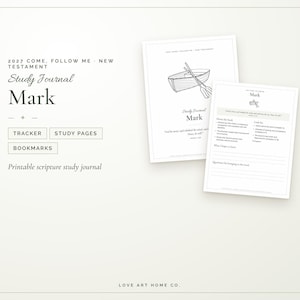 Op de afbeelding: Een printbaar schriftstudiejournaal getiteld 2027 Come, Follow Me - New Testament Mark, met een tracker, studiepagina's en bladwijzers. Twee witte pagina's tonen een lijntekening van een boot en tekst over het boek Marcus.