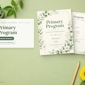 Vorlage für das Programm der Primarvereinigung der Kirche Jesu Christi der Heiligen der Letzten Tage | Programm für die Abendmahlsversammlung der Primarvereinigung zum Thema Gartengrün | Bearbeitbare Canva-Vorlage | Liste mit Kinderliedern