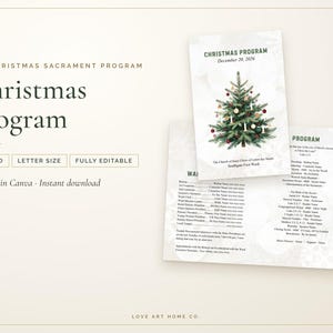 Może przedstawiać: Dwustronny szablon programu sakramentu bożonarodzeniowego LDS z akwarelową ilustracją choinki z bombkami i świecami. Tekst zawiera Christmas Program, December 20, 2026 oraz The Church of Jesus Christ of Latter-day Saints.