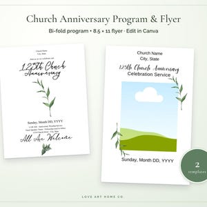 Könnte beinhalten: Zwei weiße Vorlagen für Kirchenjubiläumsprogramme und Flyer mit grünen Blattakzenten. Der Text enthält Church Name, City, State, 125th Church Anniversary, Celebration Service, Sunday, Month DD, YYYY und All Are Welcome. Ein grünes Abzeichen zeigt 2 templates.
