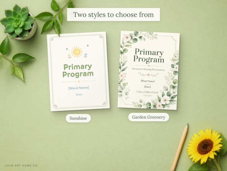 Może przedstawiać: Dwie prostokątne papierowe karty programowe z białym tłem. Lewa karta zawiera grafikę ż&oacute;łtego słońca i tekst Primary Program. Prawa karta przedstawia zieloną botaniczną kwiatową obw&oacute;dkę oraz tekst Primary Program.