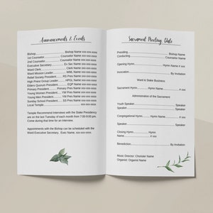 May include: A black and white printable booklet with a green leafy design. The booklet is titled "Announcements & Events" and "Sacrament Meeting. Date". The booklet includes a list of church leaders and their contact information, as well as a schedule for sacrament meeting.