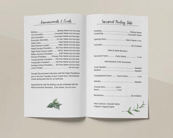 Subtle Greenery Sacrament Meeting Template Customizable in Canva, bi-fold