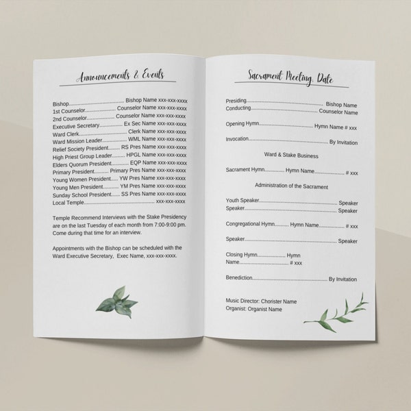 Subtle Greenery Sacrament Meeting Template Customizable in Canva, bi-fold