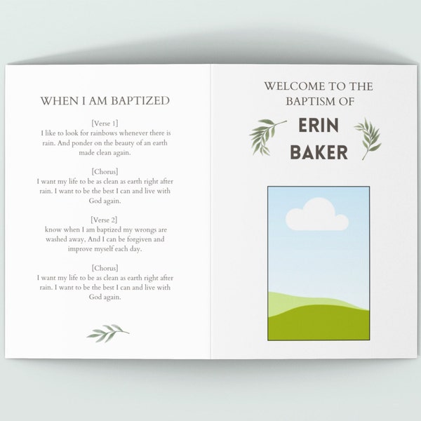 Subtle Greenery LDS Baptism Program, Customizable in Canva, Bi-fold