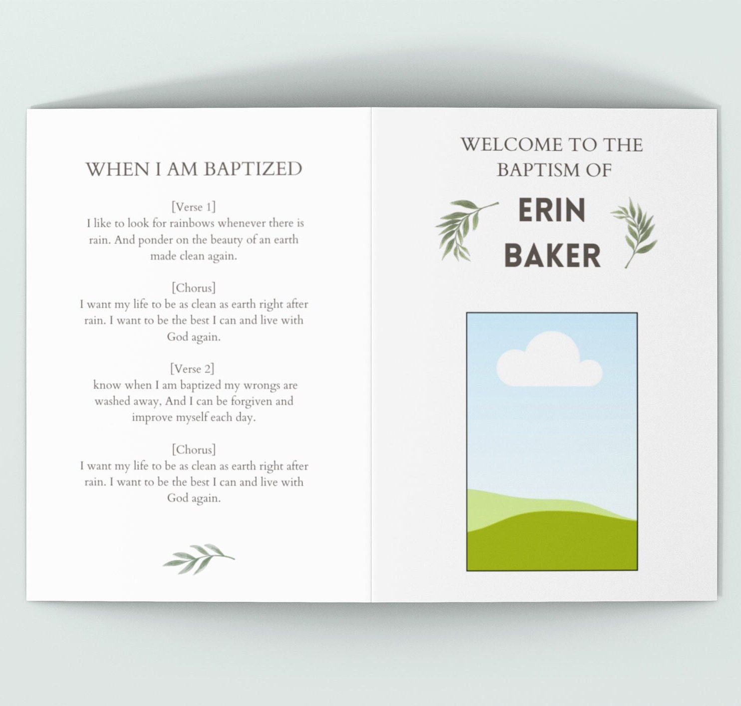 Subtle Greenery LDS Baptism Program, Customizable in Canva, Bi-fold