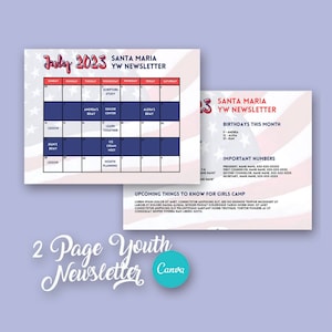 July Theme Youth Newsletter (YW or YM), 2 page pdf Editable Canva Template