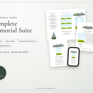 以下が含まれることがあります： 山と松のイラストが描かれたメモリアルスイートテンプレートセット。Mountains & Pines Complete Memorial Suite、Program、Obituary、Announcements、Bonus Workbook、5 templatesというテキストが含まれています。デザインには緑の丘、青い空、山の頂が描かれています。