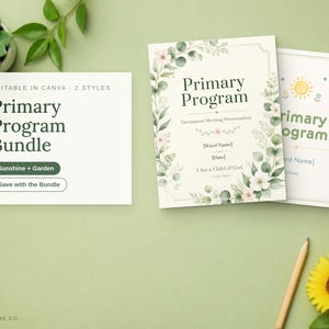 Pode incluir: Um conjunto de modelos digitais Primary Program Bundle com dois designs distintos. Um cartão exibe vegetação floral de eucalipto, enquanto o outro apresenta um gráfico de sol amarelo. Ambos incluem campos de texto editáveis para o nome da ala e a data.