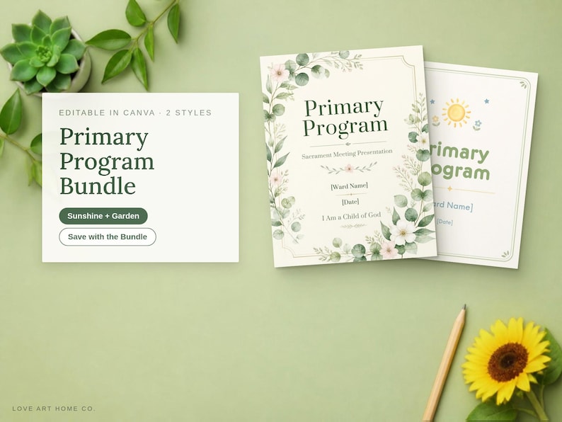 Może przedstawiać: Zestaw cyfrowych szablon&oacute;w Primary Program Bundle z dwoma r&oacute;żnymi wzorami. Jedna karta przedstawia kwiatową zieleń eukaliptusa, a druga grafikę ż&oacute;łtego słońca. Obie zawierają edytowalne pola tekstowe na nazwę okręgu oraz datę prezentacji.