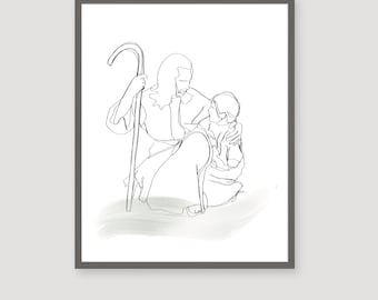 Minimalist Jesus with a Child Artwork INSTANT DOWNLOAD