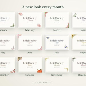 May include: A set of twelve rectangular cards titled A new look every month, each featuring the text Relief Society and a specific month name with unique floral or seasonal corner illustrations, labelled from January to December.