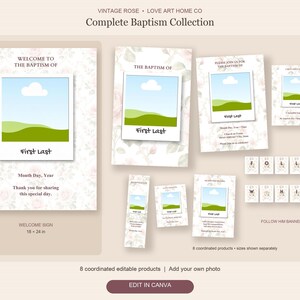 Girl LDS Baptism Bundle | Vintage Rose Photo Program, Invitation, Welcome Sign, Banner and Keepsakes | Canva Templates
