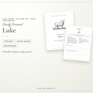 Op de afbeelding: Een printbaar schriftstudiejournaal getiteld 2027 Come, Follow Me - New Testament Luke. De set bevat een voorpagina met een schaapillustratie en een studiepagina met secties voor notities, een boekenlijst en vragen over het boek Lucas.
