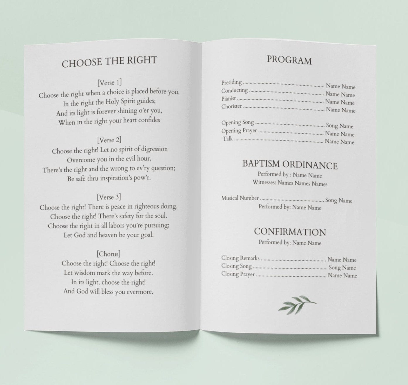 Sample Blessing Program Subtle Greenery LDS Baptism Program, Customizable in Canva, Bi-fold - Etsy