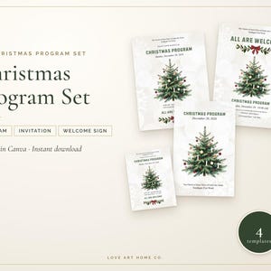 Pode incluir: Um conjunto de quatro modelos de programa de Natal com uma ilustração de pinheiro decorado, ornamentos vermelhos e texto incluindo "Christmas Program" e "All Are Welcome". Os designs são exibidos num fundo claro com um emblema circular.