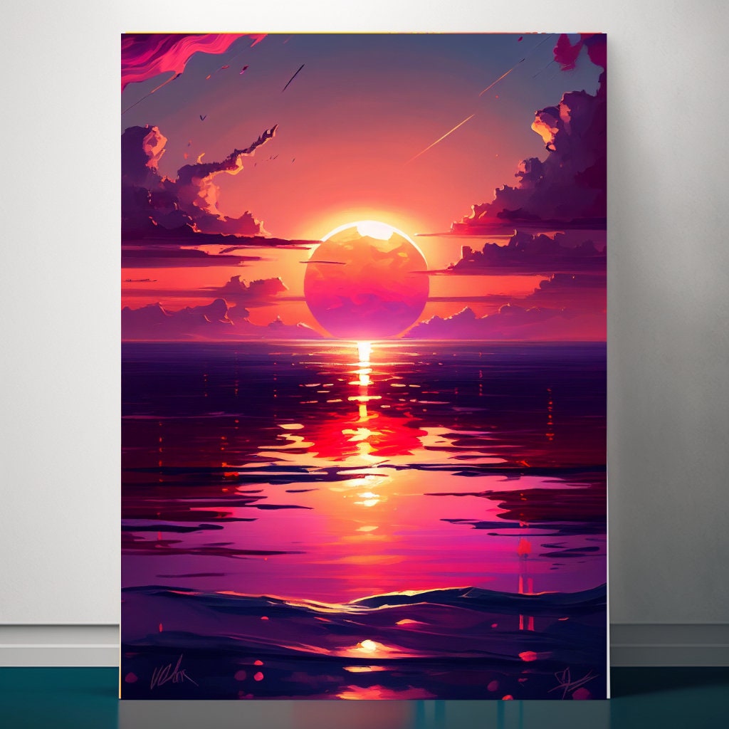 Sunset Painting Wall Art Decor Pink Sunset Horizon Sea Cloudy Etsy