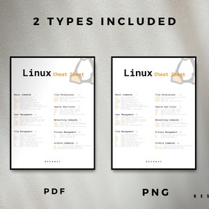 Peut inclure: Deux impressions encadr&eacute;es de feuilles de triche Linux. Chaque impression a un cadre noir et pr&eacute;sente un fond blanc avec du texte et un graphique de pingouin. Le texte comprend "Linux Cheat Sheet" et diverses cat&eacute;gories de commandes. Le bas de l'image affiche "PDF" et "PNG".