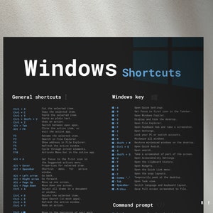 Può includere: Un poster grigio scuro con scorciatoie di Windows. Elenca le scorciatoie generali, le scorciatoie del tasto Windows e i comandi del prompt dei comandi. Il testo bianco è in un carattere sans-serif. Per gli utenti di computer.