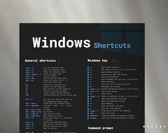 Aide-mémoire pour les raccourcis Windows imprimable | Référence des raccourcis clavier Windows | Thème sombre Téléchargement numérique PDF | Guide des raccourcis PC