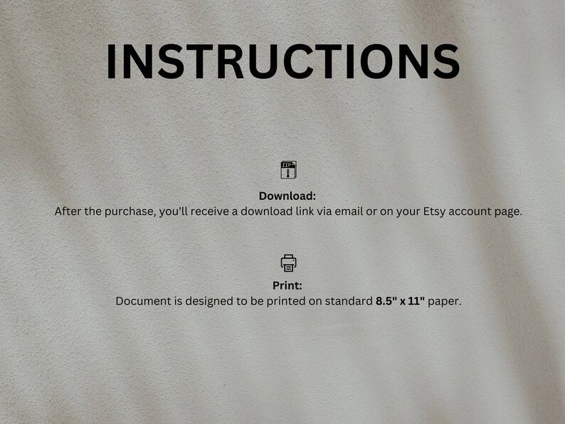 Peut inclure: Un document num&eacute;rique avec le mot "INSTRUCTIONS" en gros caract&egrave;res noirs gras. Le document fournit des instructions de t&eacute;l&eacute;chargement et d'impression. Les instructions d'impression sp&eacute;cifient du papier standard de 21,6 cm x 27,9 cm.