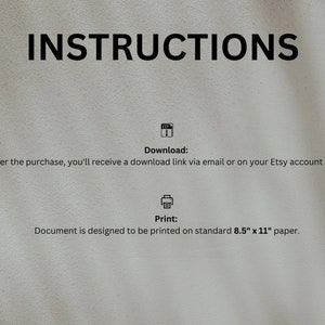 May include: A digital document with the word "INSTRUCTIONS" in large, bold, black text. The document provides download and print instructions. The print instructions specify the document is designed for 21.6 cm x 27.9 cm paper.