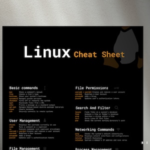 Foglio riassuntivo stampabile di Linux / Scheda di riferimento dei comandi Linux / Foglio riassuntivo di Bash CLI per sviluppatori / Download digitale del tema scuro in formato PDF